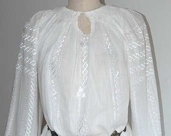 White Peasant Blouse Handmade in Romania, Cotton with Silk Infinity Embroidery