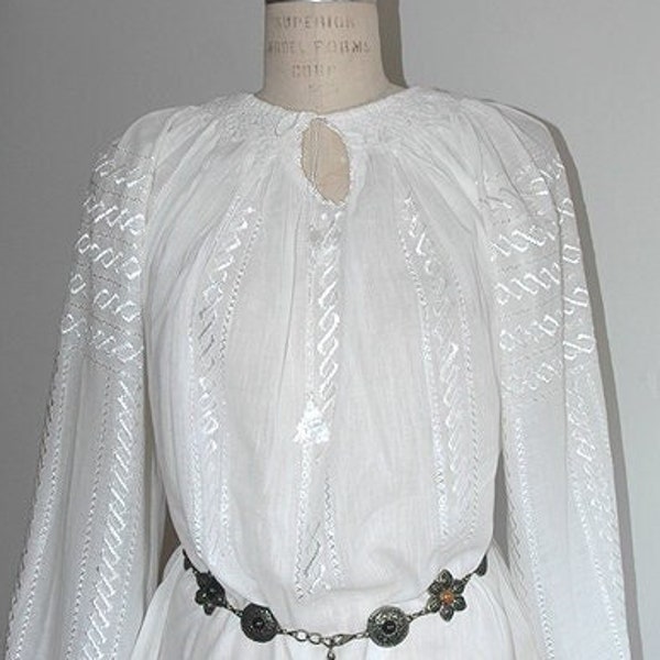 White Peasant Blouse Handmade in Romania, Cotton with Silk Infinity Embroidery