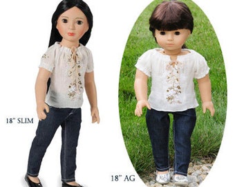 Jeans per bambole in denim e camicetta ricamata da contadina, scegli la taglia: adatta alle bambole Slim Carpatina da 18" o adatta ad altre bambole normali da 18"