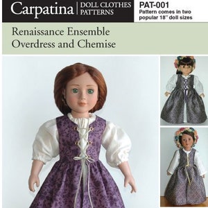 Renaissance Doll Dress and Chemise Pattern Multi-sized for 18&quot; American Girl and Slim Carpatina dolls, Printed Paper Pattern