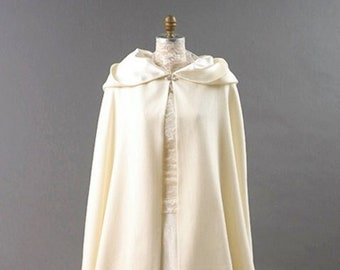 Ivory White Wool Cloak with Hood and Lined in Satin, Custom Made by Order