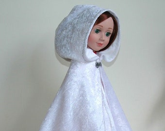 White Velvet Doll Cloak with Hood and Satin lining in various Length for all 16" Dolls, 18" Dolls and 21" Dolls, Hand Made in USA