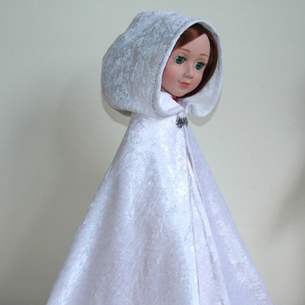 White Velvet Doll Cloak with Hood and Satin lining in various Length for all 16" Dolls, 18" Dolls and 21" Dolls, Hand Made in USA