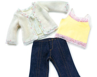 Casual Doll Outfit with Denim Jeans, White Cardigan and Yellow Tank Top for 18" American Girl Dolls