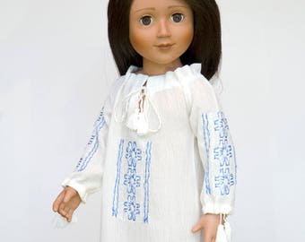 Easter Doll Nightgown with Blue Flowers Embroidery for 18" Slim Carpatina Dolls, Kidz N Cats or AGFAT Dolls