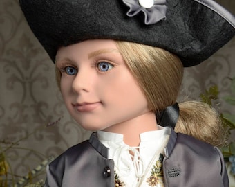 James William 18 inch Colonial Boy Doll with Complete Outfit, Leather Boots, Tricorn Hat and Coat, Collectible Dolls New in Blue Gift Box