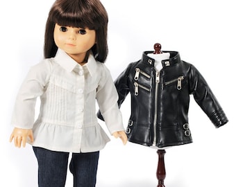 Black Leather Doll Jacket, White Shirt, Jeans and Shoes Made by Carpatina fits 18" Dolls like American Girl Dolls or Gotz Dolls