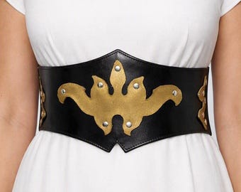 Black Leather Corset Belt Cincher, Underbust Gothic Corset or Pirate Belt Hand Made in USA