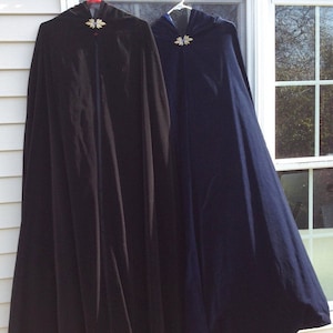 Black or Dark Blue Velvet Cloak with Hood and Lined in matching color Satin, Custom Made by Order