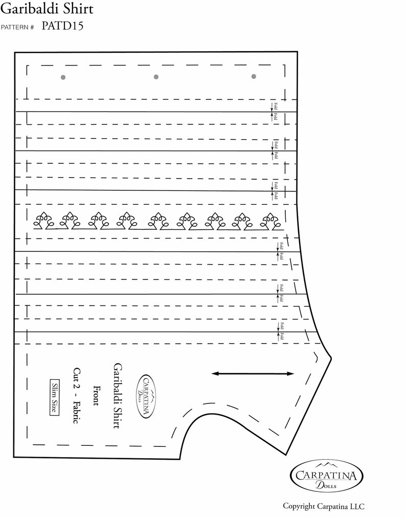 May include: A black and white sewing pattern for a Garibaldi shirt. The pattern includes instructions for cutting and sewing the shirt. The pattern is for a slim size.