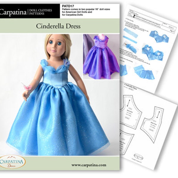 Cinderella Ball Gown Doll Clothes Pattern as Downloadable PDF, Comes in 2 sizes: for 18" American Girl and slim Carpatina dolls