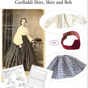 May include: A sewing pattern for a doll's shirt, skirt, and belt. The pattern includes instructions and diagrams for making the garments. The pattern is titled "Garibaldi Shirt, Skirt and Belt".