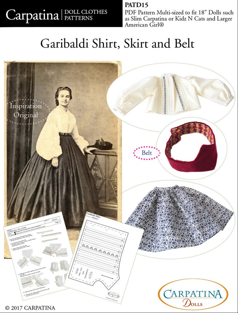 May include: A sewing pattern for a doll's shirt, skirt, and belt. The pattern includes instructions and diagrams for making the garments. The pattern is titled "Garibaldi Shirt, Skirt and Belt".