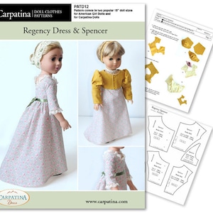 Regency Dress and Spencer Doll Clothes Pattern as Downloadable PDF, Comes in 2 sizes: for 18" American Girl and slim Carpatina dolls