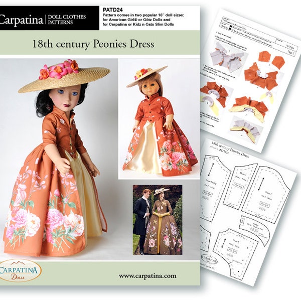 Outlander Claire Peonies Dress and Skirt Pattern as Download PDF, Multi-sized for 18" American Girl and slim Carpatina or Kidz n Cats dolls