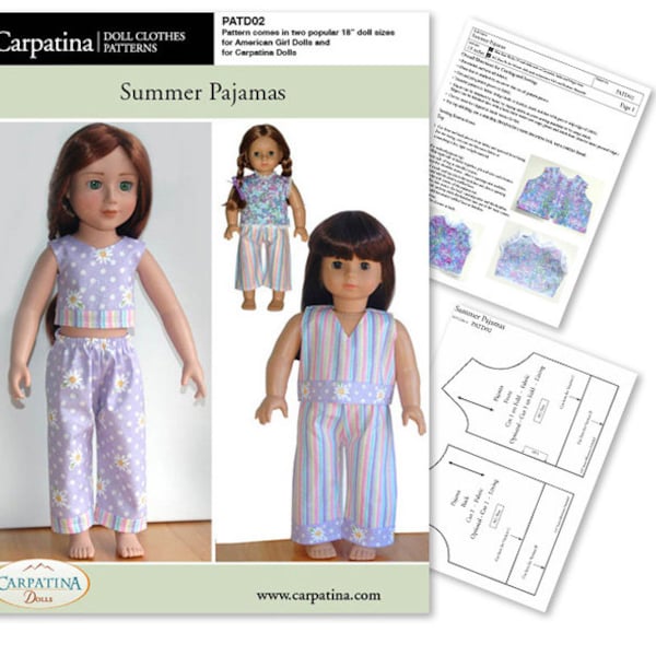 Pajamas Doll Clothes Carpatina Pattern as Downloadable PDF, Comes in 2 sizes: for 18" American Girl and slim Carpatina dolls