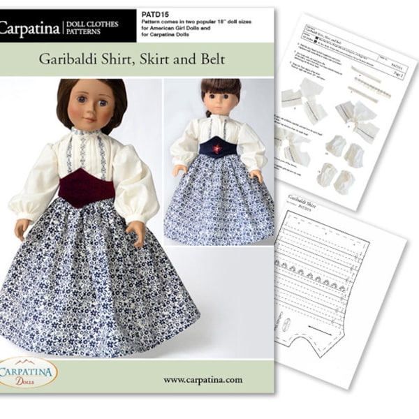 1860s Garibaldi Shirt, Skirt and Belt Pattern as Downloadable PDF, Comes in 2 sizes: for 18" American Girl and slim Carpatina dolls