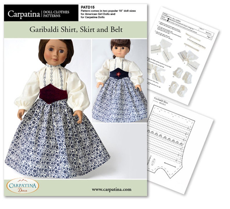 May include: A doll clothes pattern for a Garibaldi shirt, skirt, and belt. The pattern is for 18-inch dolls and comes in two sizes. The pattern is printed on white paper with black lines. The pattern includes instructions for sewing the clothes.