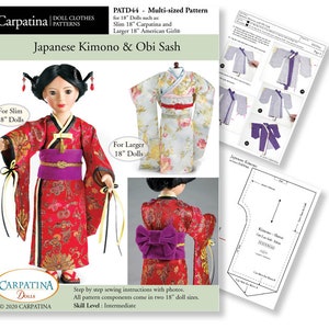 Patrón PDF de kimono de muñeca japonesa y fajín Obi, de varios tamaños para adaptarse a Slim Carpatina y muñecas regulares de 18&quot; como American Girl® y Gotz
