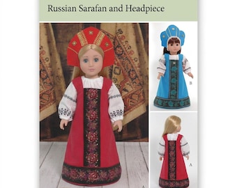 May include: Carpatina doll clothes pattern PAT-011 for 18-inch dolls, featuring a Russian Sarafan and headpiece. The pattern shows a red dress with floral trim and a matching red kokoshnik, plus a blue version with a blue kokoshnik and floral trim.