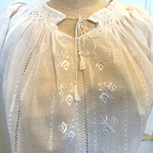 White Peasant Blouse with Silk Flower Embroidery Handmade in Romania in White Cotton - Authentic Design, Makes a Lovely Easter Gift