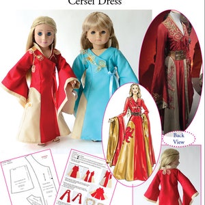 May include: A PDF sewing pattern for a red and gold dress for 18-inch dolls. The pattern is called "Cersei Dress" and is from Carpatina Doll Clothes Patterns. The pattern includes instructions and diagrams for sewing the dress.