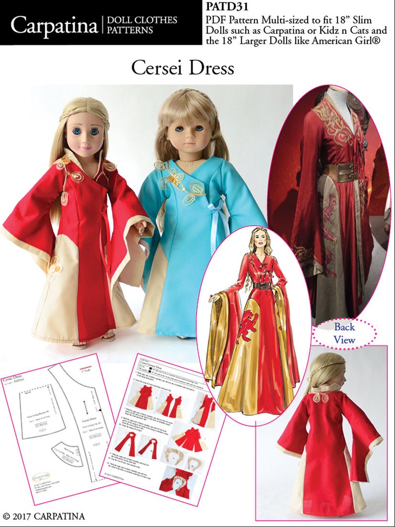 May include: A PDF sewing pattern for a red and gold dress for 18-inch dolls. The pattern is called "Cersei Dress" and is from Carpatina Doll Clothes Patterns. The pattern includes instructions and diagrams for sewing the dress.