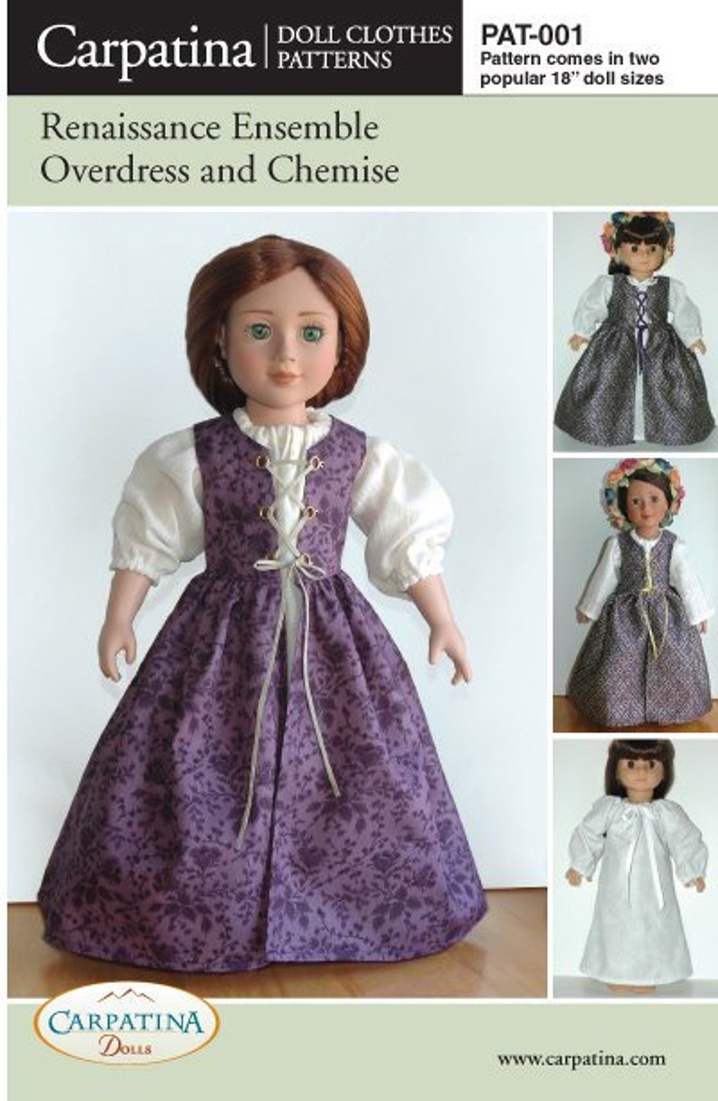 Renaissance Doll Dress and Chemise Pattern Multi-sized for 18 American Girl and Slim Carpatina dolls, Printed Paper Pattern image 1