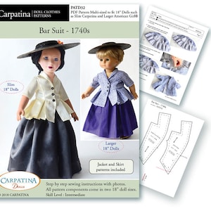 Jacket and Skirt 18 inch Doll Clothes PDF Pattern, Multi-sized to fit Slim Carpatina and Regular 18&quot; Dolls such as American Girl® and Gotz