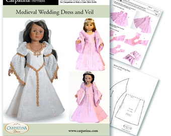 Modèle de robe de mariée médiévale et de vêtements de poupée voile en format PDF téléchargeable, disponible en 2 tailles : pour American Girl de 18 po. et poupées Carpatina minces