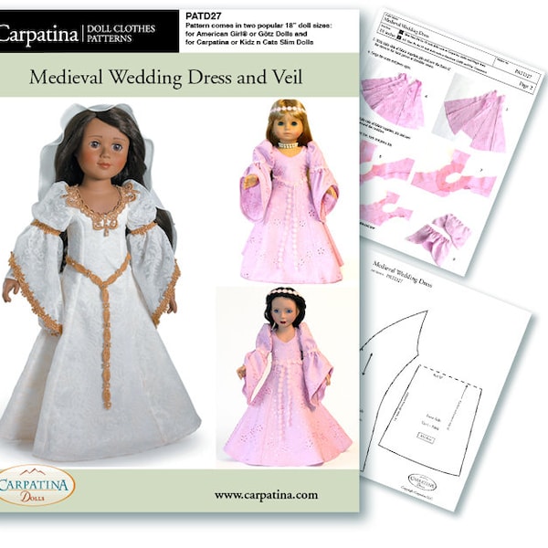 Medieval Wedding Dress and Veil Doll Clothes Pattern as Downloadable PDF, Comes in 2 sizes: for 18" American Girl and slim Carpatina dolls