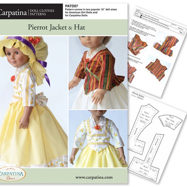 Pierrot Jacket and Hat, Carpatina PDF Pattern is Multi-sized for 18" Slim Carpatina or Kidz n Cats and for 18" American Girl Dolls
