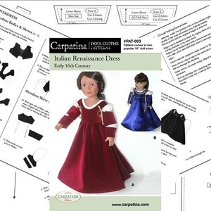 Italian Renaissance Dress and Chemise Pattern Multi-sized for 18&quot; American Girl and Slim Carpatina dolls, Printed Paper Pattern