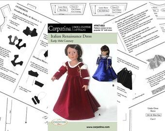 Italian Renaissance Dress and Chemise Pattern Multi-sized for 18" American Girl and Slim Carpatina dolls, Printed Paper Pattern