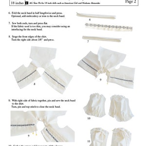 May include: A sewing pattern for a Garibaldi shirt, skirt, and belt for 18-inch dolls. The pattern includes instructions and diagrams for sewing the neck band, sleeves, and cuffs. The pattern is titled "Garibaldi Shirt, Skirt and Belt" and the pattern number is "PATD15".