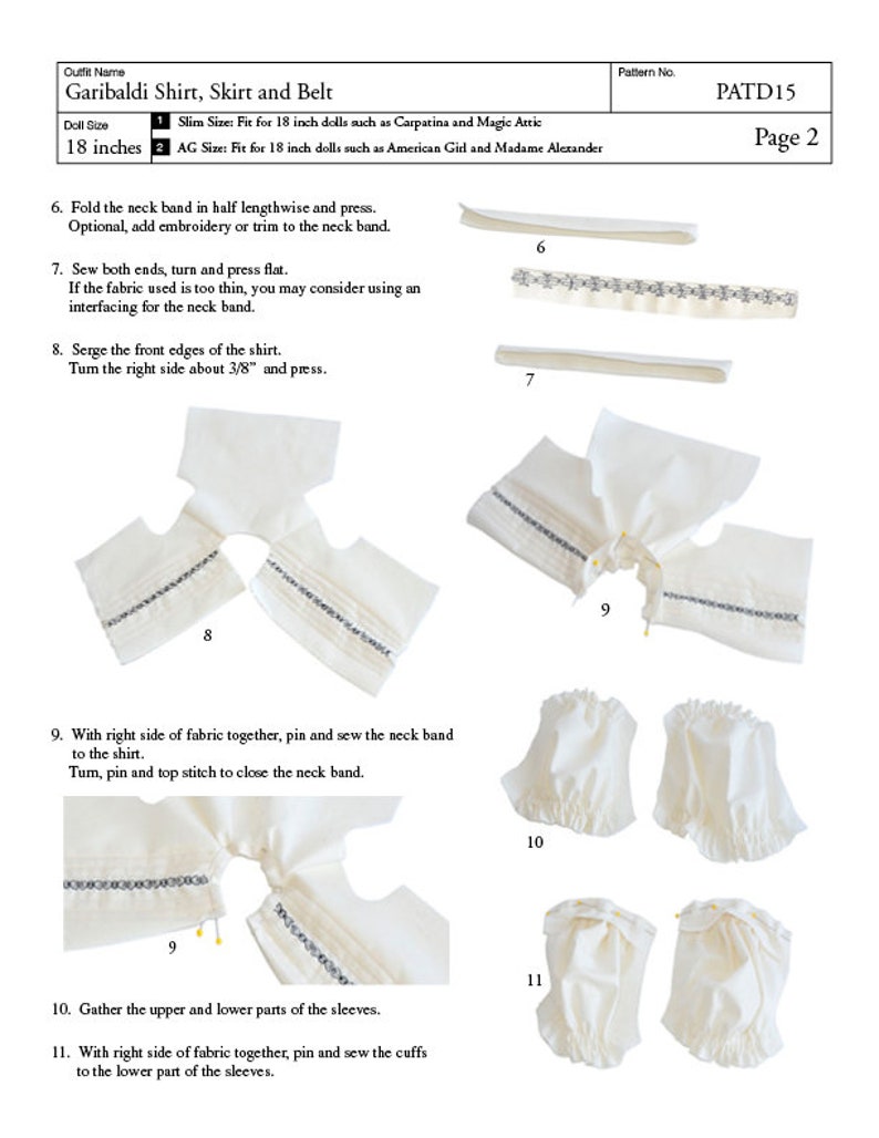 May include: A sewing pattern for a Garibaldi shirt, skirt, and belt for 18-inch dolls. The pattern includes instructions and diagrams for sewing the neck band, sleeves, and cuffs. The pattern is titled "Garibaldi Shirt, Skirt and Belt" and the pattern number is "PATD15".