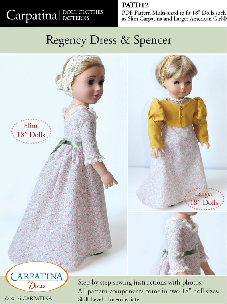 Regency Dress and Spencer Doll Clothes Pattern as Downloadable PDF, Comes in 2 sizes: for 18 American Girl and slim Carpatina dolls image 2