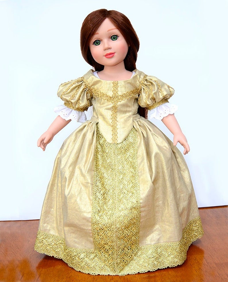 Versailles Gold Doll Dress and Shoes Historical Outfit 18 Slim Doll Clothes like Carpatina, Magic Attic or Slim BJD dolls image 2