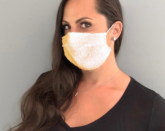 Ivory or Off White Sequin Face Mask with 2 Layers Cotton and 1 Layer Sequins, Nose Wire, Filter Pocket, Adjustable, USA Made