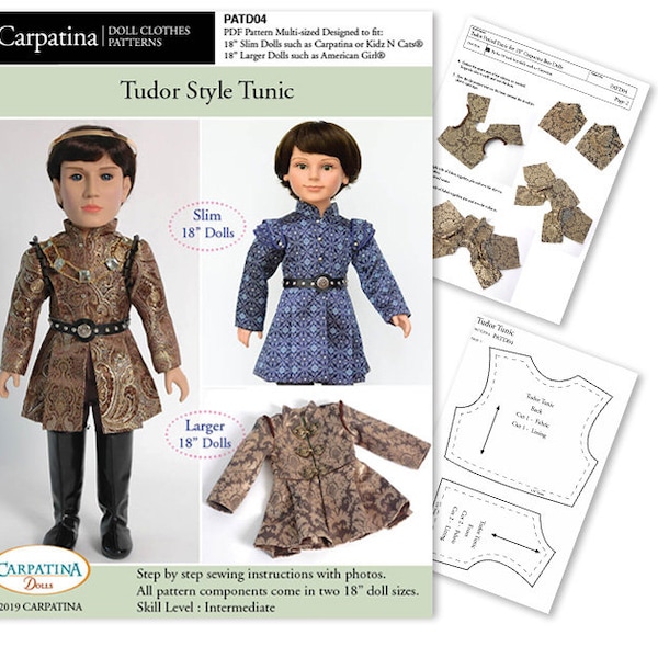 Medieval Tunic PDF Pattern Multi-sized for 18" Slim Carpatina Boys and for 18" American Girl Boy Dolls