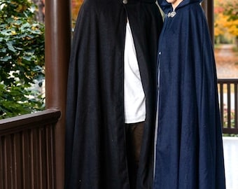 フード付きロングマント、黒または青のウール製、サテン裏地付き