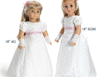 Vestido de algodón blanco con ojales Bridgerton para muñeca, con guantes y cinta para el cabello. Elige la talla: Muñecas American Girl de 18" o Slim Carpatina de 18".