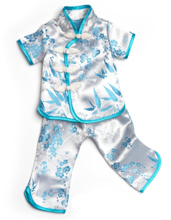 Blue Satin Bamboo Print Pajamas or Chinese Doll Suit Outfit for 18