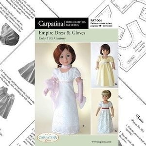 Empire Dress and Gloves Pattern Multi-sized for 18" American Girl and Slim Carpatina dolls, Printed Paper Pattern