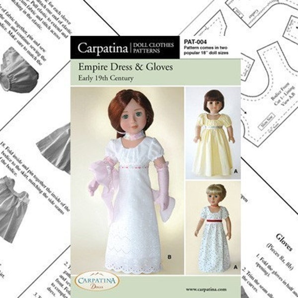 Empire Dress and Gloves Pattern Multi-sized for 18" American Girl and Slim Carpatina dolls, Printed Paper Pattern