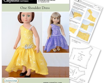 One Shoulder Dress PDF Carpatina Pattern Multi-sized for 18" Slim Carpatina or Kidz n Cats and for 18" American Girl Dolls