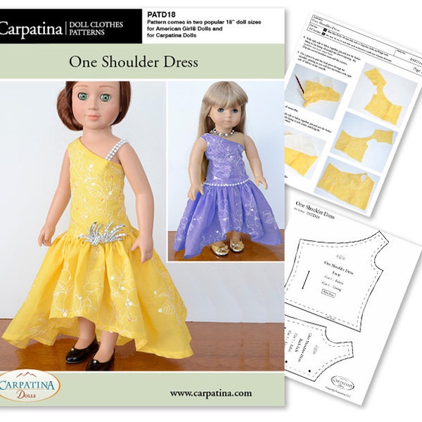 One Shoulder Dress PDF Carpatina Pattern Multi-sized for 18" Slim Carpatina or Kidz n Cats and for 18" American Girl Dolls