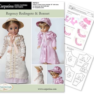 Regency Redingote and Bonnet Doll Clothes Carpatina Pattern as Downloadable PDF, Comes in 2 sizes: for 18" American Girl and 18" Slim dolls