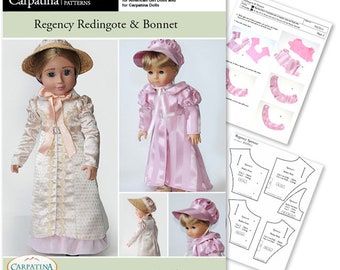 Regency Redingote and Bonnet Doll Clothes Carpatina Pattern as Downloadable PDF, Comes in 2 sizes: for 18" American Girl and 18" Slim dolls