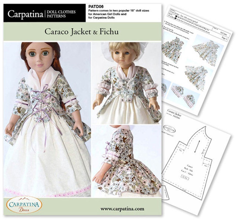 Caraco Jacket and Fichu Doll Clothes Pattern as Downloadable PDF, Comes in 2 sizes: for 18 American Girl and slim Carpatina dolls image 1